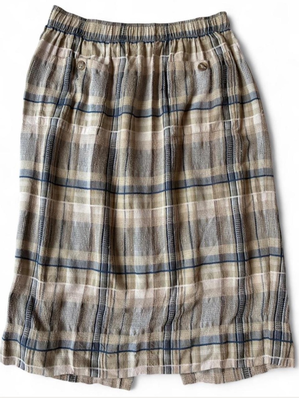 Counterparts Woven Plaid Midi Skirt in Beige, Blue and Tan Light Academia 90s L